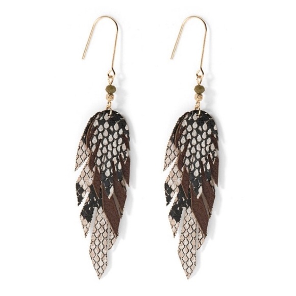 Artisan Fall Leather Feather Dangle Earrings Brown - Picture 6 of 8